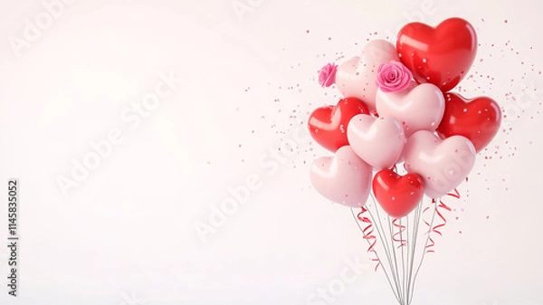 Fototapeta Heart shaped balloons in red and pink with confetti and roses create festive atmosphere