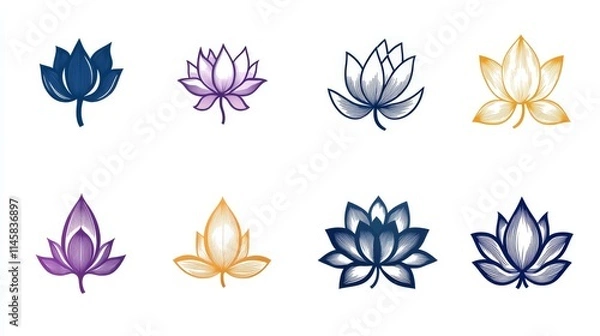 Fototapeta 17.A modern vector set of lotus icons, with each design offering a unique style, from simple silhouettes to abstract line art. The icons showcase different arrangements of lotus petals, creating a