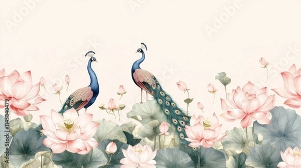 Fototapeta 85.A vintage-inspired seamless vector border with pink lotus and rose flowers, elegant peacocks, and flowing green leaves arranged in a continuous, harmonious pattern. The soft tones and intricate