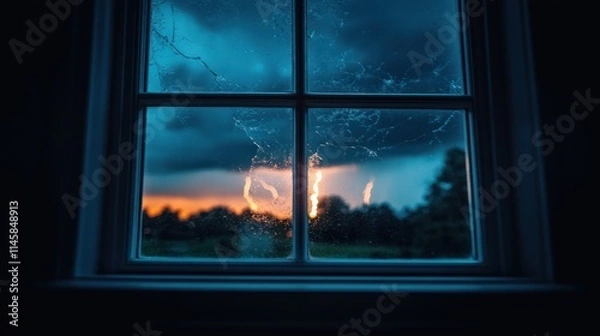 Fototapeta Dramatic sunset thunderstorm viewed through a window pane with cracks.