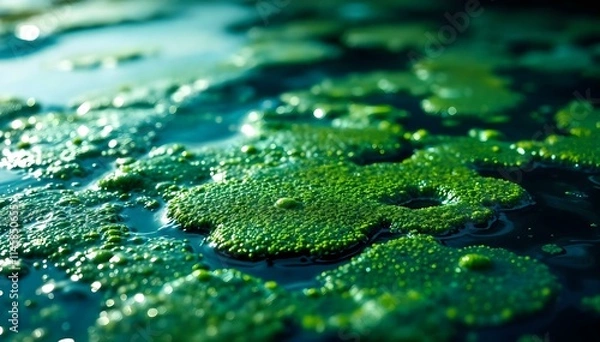 Fototapeta A scenic view of a lake with green algae, illustrating the interplay between water and plant life in a serene environment