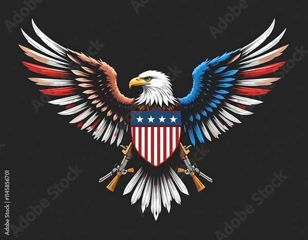 Fototapeta Patriotic Bald Eagle with American Flag Shield and Crossed Rifles: A Symbol of National Pride and Military Strength