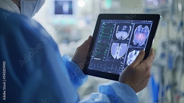 Obraz Doctors using tablets to access medical data in a digital healthcare system, showcasing the role of AI in revolutionizing healthcare by providing real-time, data-driven insights