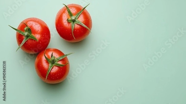 Obraz Three fresh red tomatoes on a light green background, banner, showcasing their natural beauty.