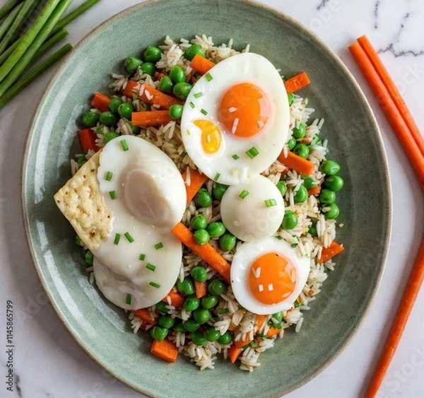 Fototapeta A plate of rice with vegetables and fried eggs, showcasing a colorful and nutritious meal.