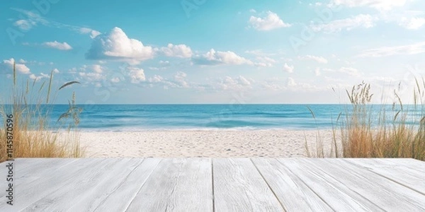 Fototapeta A vacant white wooden table set against a summer beach wallpaper backdrop, perfect for showcasing products. This summer beach background enhances product displays effectively.