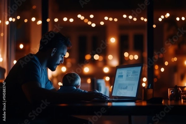 Fototapeta Father working late at night with baby beside him in a cozy room decorated with warm lights