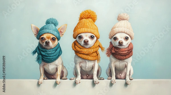 Fototapeta Whimsical illustration of three Chihuahuas wearing colorful hats and scarves, showcasing their playful personalities and charm