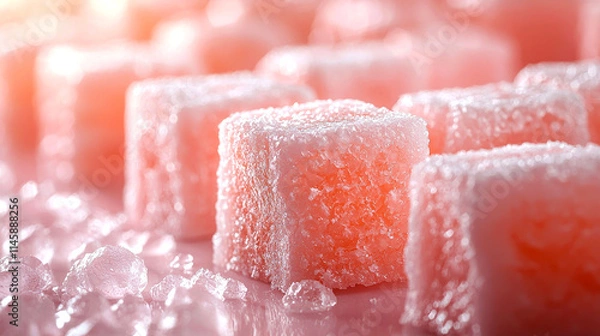 Fototapeta Close-up of pink, sugar-coated, cube-shaped candies on a pink surface with ice crystals.