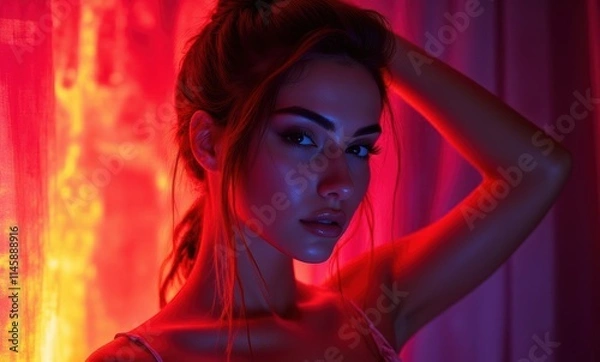 Fototapeta Young woman with striking features in vibrant light
