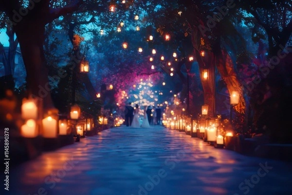 Fototapeta A romantic pathway illuminated by lanterns, perfect for a wedding or special event.