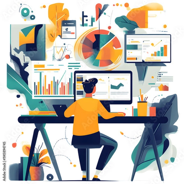 Fototapeta Data analysis action in office space digital workspace environment business insights and trends