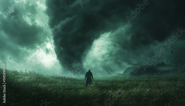 Fototapeta Ominous tornado descending from swirling dark storm clouds over a green field, symbolizing natures fury, powerful winds, dark skies, and intense energy
