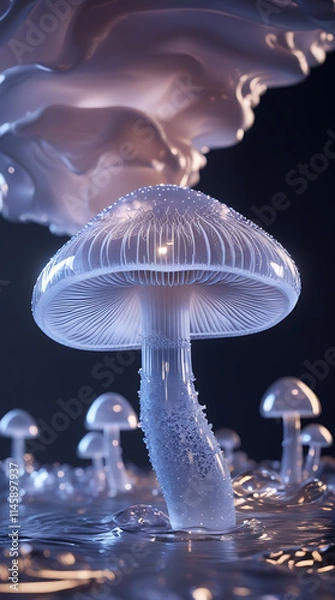 Fototapeta a majestic glass Agaricus Bisporus mushroom, created by generative ai