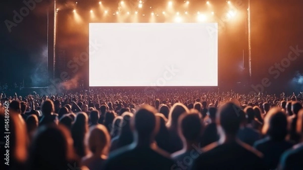 Fototapeta Crowd facing stage with white screen at a concert venue.