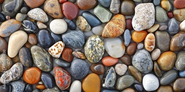 Fototapeta A vibrant collection of fine seashore pebbles showcases the beauty and diversity of nature, highlighting the unique textures and colors found in fine seashore pebbles along the coast.