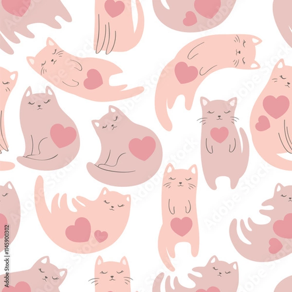 Fototapeta Vector Valentine Day illustration with cute hand drawn cats and hearts seamless pattern isolated on white background. Adorable animal design template for card print, poster, decoration