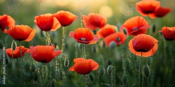 Fototapeta Vibrant field of red poppies beautifully contrasts against a lush green background, showcasing the stunning natural scenery of red poppies in full bloom, perfect for nature lovers.