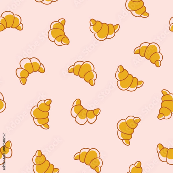 Fototapeta Seamless pattern with tasty fresh crunchy croissants in simple cartoon style. Background for design menu cafe, bistro, restaurant, label and packaging. Vector repeat food background.