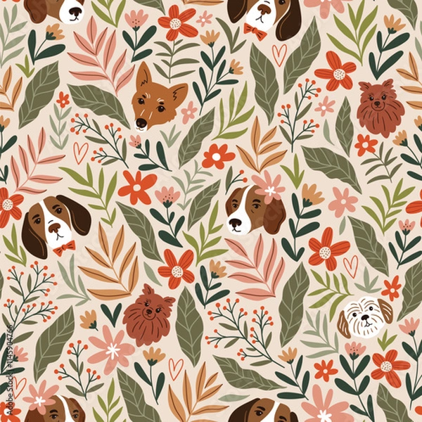 Fototapeta Cute dogs and beautiful flowers seamless pattern. Breeds of dog pattern design in hand-drawn style.
Vector animal print on turquoise background 