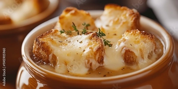 Fototapeta Delicious classic French onion soup topped with cheese croutons and garnished with fresh thyme, presented in a close up view that highlights the rich textures of classic French onion soup.