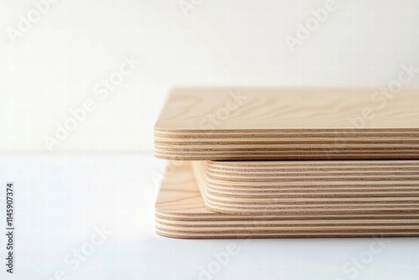 Fototapeta This image highlights several stacked plywood boards, showcasing their smooth surface and elegant laminated layers, representing high-quality woodworking and design.
