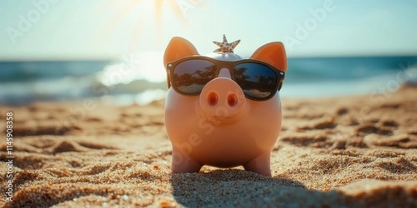 Fototapeta Playful piggy bank wearing sunglasses at the beach, capturing the essence of summer fun. This summer piggy bank adds a whimsical touch to beach vibes with its sunny demeanor.