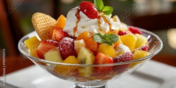 Obraz Delight in a tasty fresh tropical fruit salad featuring a twist of whipped cream or vanilla ice cream, elegantly drizzled with syrup and garnished with slices of fresh fruit and a wafer.