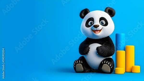 Fototapeta Cute Cartoon Panda Sitting with Colorful Blocks on Blue Background