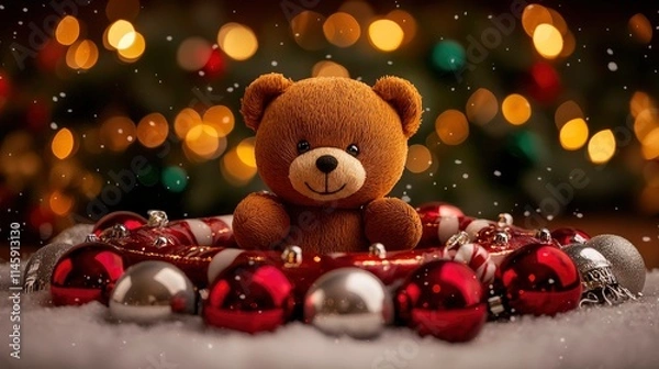 Obraz Adorable Teddy Bear in Christmas Ornament Wreath