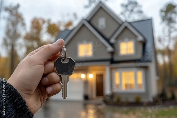 Fototapeta The image captures a homebuyer proudly holding out a key towards a newly purchased house, illuminated with warm lights, symbolizing new beginnings and sparkling opportunities.