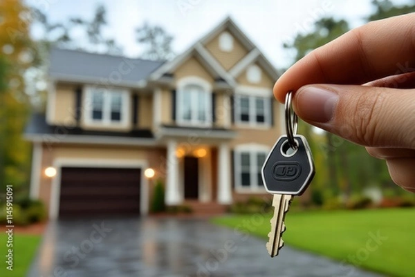 Fototapeta A joyful homebuyer holding a set of keys in front of a stunning new house reflects the excitement of starting a new chapter in life and achieving homeownership.