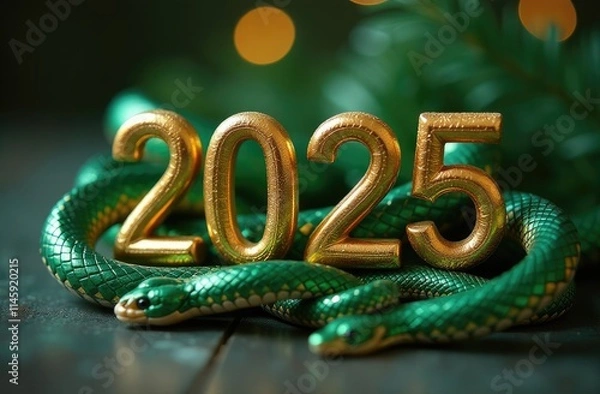 Fototapeta The text in gold numbers 2025 on the symbol of the lunar new year is emerald snakes. Christmas card