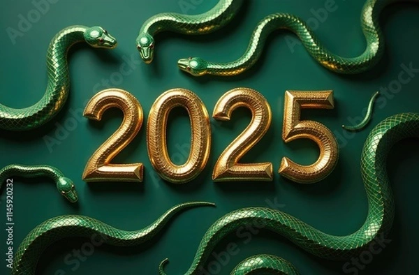Fototapeta The text in gold numbers 2025 on the symbol of the lunar new year is emerald snakes. Christmas card
