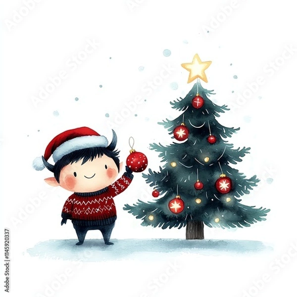 Fototapeta A cheerful elf in a Santa hat decorates a festive Christmas tree with ornaments and a star, surrounded by falling snowflakes, creating a joyful holiday atmosphere.