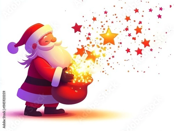 Fototapeta A cheerful Santa Claus in a classic red suit is joyfully sprinkling magical stars from his bag, set against a white isolated background. Ideal for festive and holiday themes.