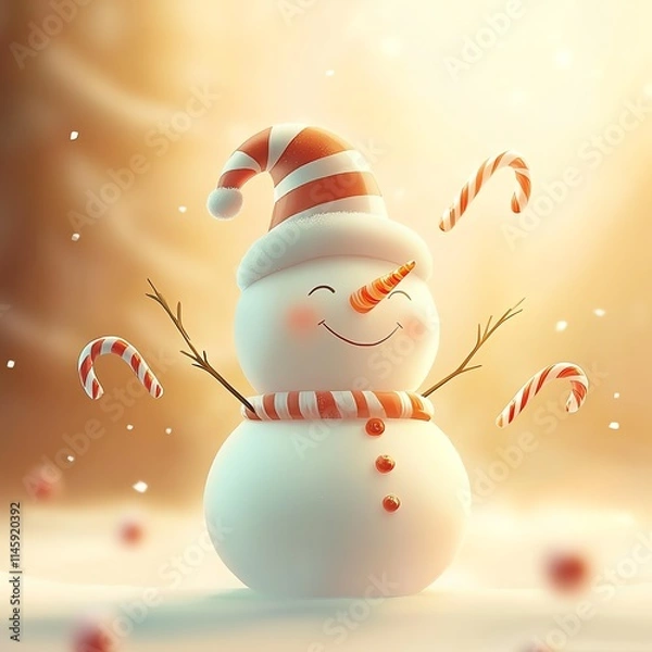 Fototapeta A cheerful snowman adorned with a striped hat and scarf, surrounded by candy canes, radiating a joyful winter ambiance with soft, glowing light in a snowy setting.