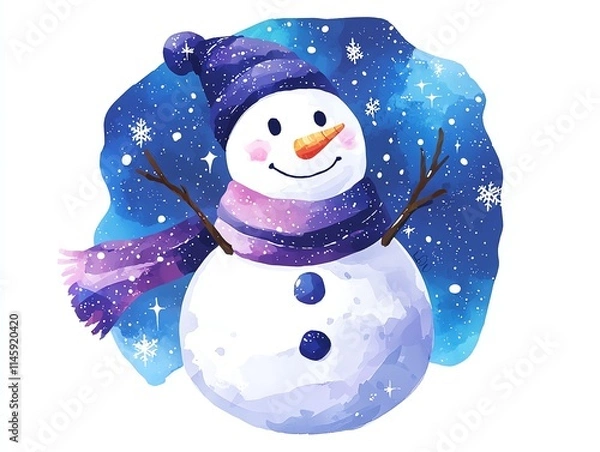 Fototapeta A cheerful snowman wearing a colorful hat and scarf, surrounded by a starry winter backdrop. A whimsical representation of winter joy perfect for seasonal themes.