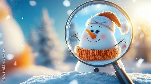 Fototapeta A cheerful snowman wearing a festive hat and scarf, viewed through a magnifying glass on a snowy landscape, capturing the essence of winter joy.