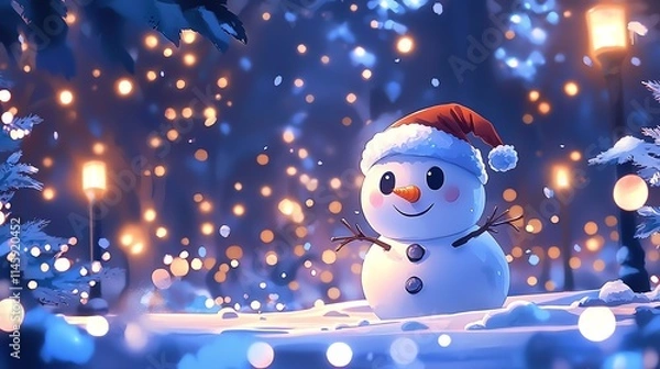 Fototapeta A cheerful snowman wearing a red hat and scarf stands amidst softly falling snow and glowing lights, creating a magical winter scene filled with holiday spirit.