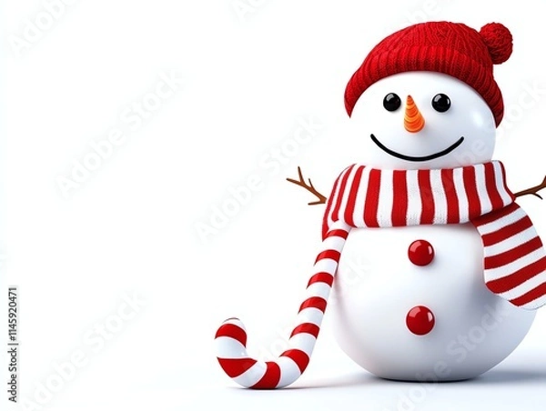 Fototapeta A cheerful snowman wearing a red hat and a striped scarf, set against a white isolated background, perfect for holiday decorations and winter-themed designs.