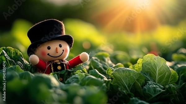 Fototapeta A cheerful toy scarecrow smiles amidst vibrant green leaves in a sunlit garden, symbolizing joy and nature's bounty.