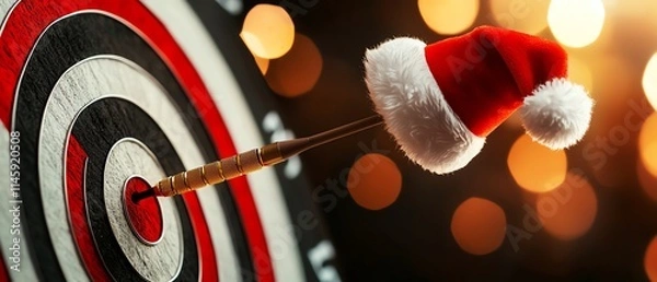 Fototapeta A close-up of a dartboard with an arrow hitting the center, adorned with a festive Santa hat, set against a blurred bokeh background, creating a warm and joyful holiday atmosphere.