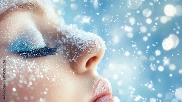 Fototapeta A close-up of a serene woman's face adorned with snowflakes, evoking a winter wonderland aesthetic with sparkling snow in a soft blue background.