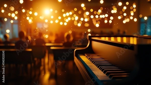 Fototapeta A close-up of a piano with soft lighting illuminating a warm, inviting atmosphere, perfect for musical gatherings or intimate performances, creating an enchanting ambiance.