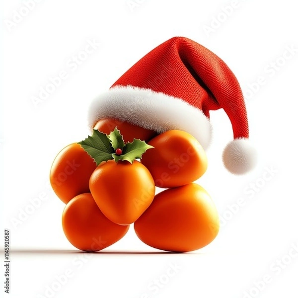 Fototapeta A cluster of oranges adorned with a festive Santa hat and holly, on a white isolated background, perfect for holiday-themed designs and festive decorations.