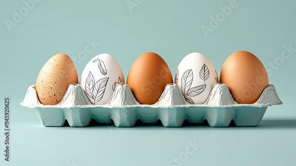 Fototapeta A collection of beautifully designed eggs in a carton, showcasing various natural patterns and colors against a soft green background.