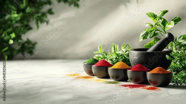 Fototapeta A collection of colorful spices arranged in bowls with fresh herbs, set against a soft, neutral background that highlights the vibrant colors and textures.