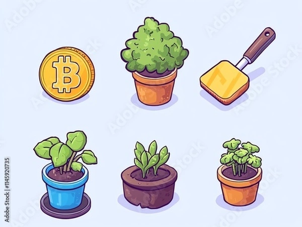 Fototapeta A colorful illustration featuring various potted plants, a Bitcoin coin, and a gardening tool on a light blue background, perfect for gardening and cryptocurrency themes.