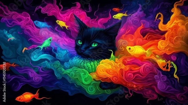 Fototapeta A colorful and whimsical illustration of a black cat surrounded by vibrant fish and swirling colorful waves, creating a magical underwater scene.